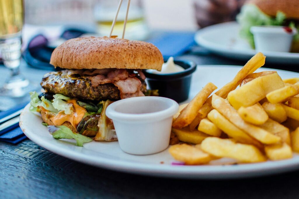 Burger and fries at a waterfront restaurant in Myrtle Beach